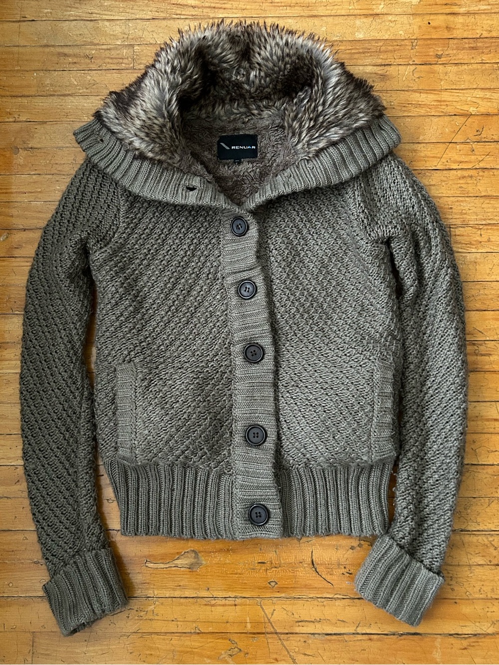 Y2K Renuar Olive Gray Faux-Fur button Knit Cardigan